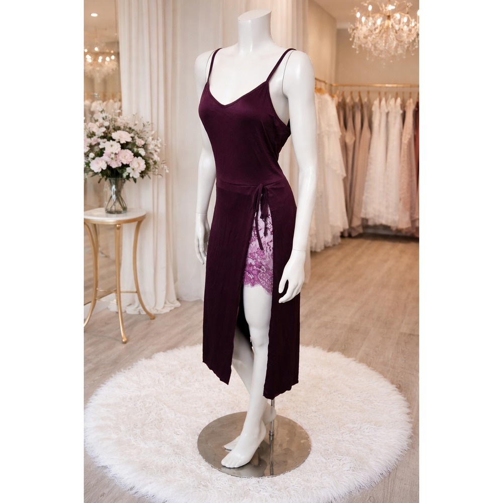 Plum Purple Lace Trim Side Slit Midi Slip Dress XL Deep Violet Wrap Style Skirt - Picture 3 of 6